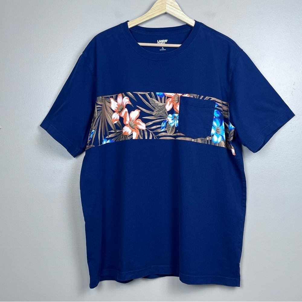 Lands End Super-T Men's Cotton Hawaiian Print Colorblock Pocket Tee Size XL